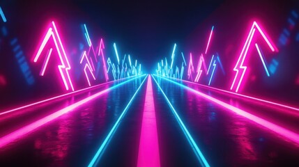 Wall Mural - futuristic neon tunnel with pink and blue glowing lines.