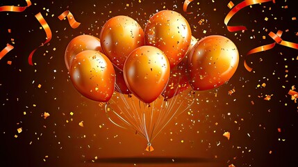 Poster - Festive vector illustration of a happy birthday celebration with gold and orange balloons, confetti, and ribbons, suitable for party invitations, greeting cards, and event design templates.