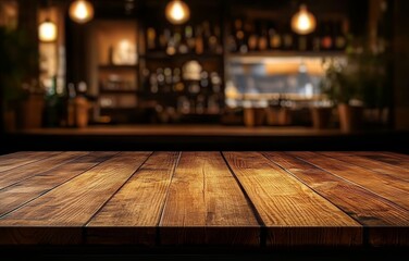 Wall Mural - Empty wooden table in a blurry bar background.