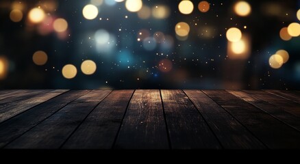 Wall Mural - Dark wooden table with blurred bokeh lights background.