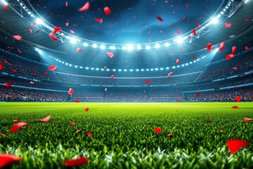 Aufkleber - Stadium with illuminated field and red confetti in the air at night.