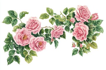 Wall Mural - Delicate pink roses and green leaves watercolor painting.