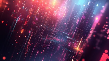 Wall Mural - abstract futuristic cityscape with vibrant neon lights and digital data streams.
