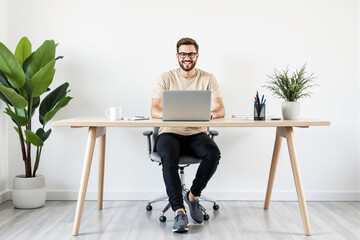 Wall Mural - Man sitting at wooden desk with laptop and plants, minimalist workspace, bright background.