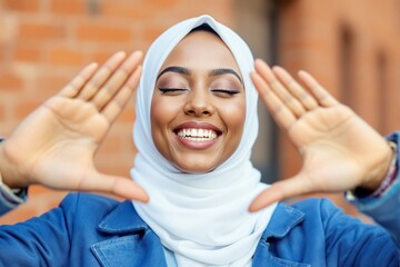 Wall Mural - Woman in white hijab smiling with hands framing her face against a brick wall background.