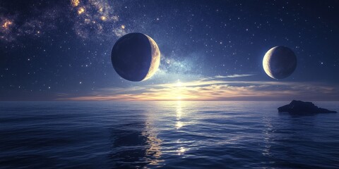 Wall Mural - Moon illuminating starry skies and distant planets above a serene ocean horizon, creating a breathtaking scene where the moon shines brightly amidst the cosmic beauty of celestial bodies.