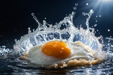 Sticker - Fried egg with water splash, dark background.