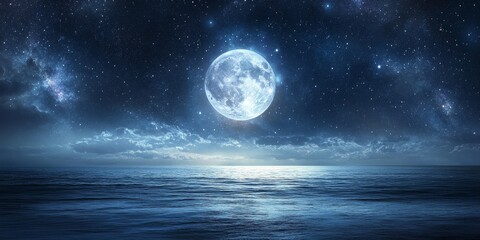 Wall Mural - Moon illuminating starry skies and distant planets above a serene ocean horizon, creating a breathtaking scene where the moon shines brightly amidst the cosmic beauty of celestial bodies.