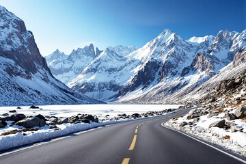 Poster - Scenic snow-covered mountain road under a bright blue sky.