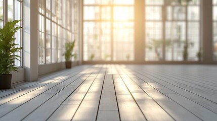 Aufkleber - Sunlit empty room with large windows and wooden floor.