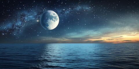 Wall Mural - Moon illuminating starry skies and distant planets above a serene ocean horizon, creating a breathtaking scene where the moon shines brightly amidst the cosmic beauty of celestial bodies.