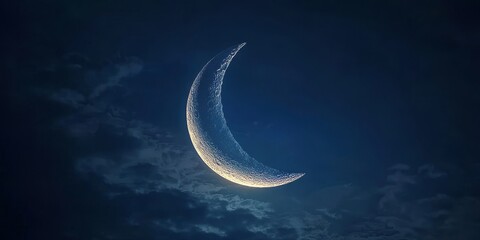 Wall Mural - Crescent moon against a dark backdrop, highlighting the beauty of the crescent moon in the evening sky. This crescent moon creates a serene atmosphere in its quiet elegance.