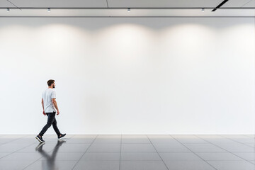 Poster - Minimalistic scene of a man walking past a brightly lit blank wall.