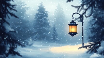 Wall Mural - A peaceful snowy forest with pine trees and a glowing lantern hanging on a branch