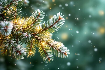 Poster - Close-up of snow-covered pine branches with warm lights on soft green background.