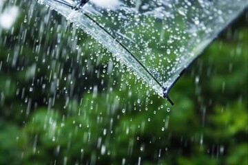Poster - Close-up of transparent umbrella during rain with green blurred background.