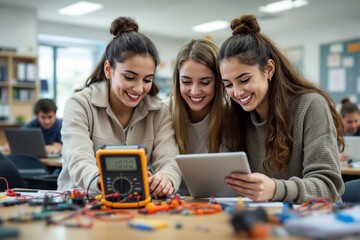 Poster - Three young women collaborating on a STEM project in a classroom setting.