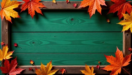 Antique green wood sign, fall leaves border Rustic autumn decor , november, log