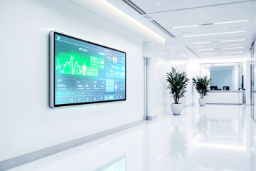 Poster - Digital dashboard in modern office hallway with plants and bright white interior.