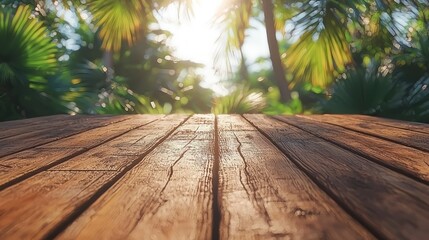 Wall Mural - Wood deck with jungle background.