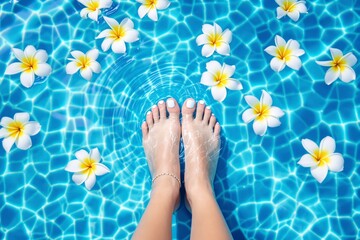 Aufkleber - Close-up of feet in clear water with tropical flowers floating on a bright background.