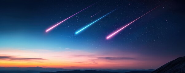 Wall Mural - A stunning night sky features colorful shooting stars streaking across a gradient sunset, creating a mesmerizing celestial display.