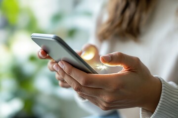 Aufkleber - Close-up of hands using a smartphone with glowing light against a blurred background.