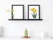 © Surangkanang - Black portrait frame mockup on wooden shelf with vibrant daffodils flowers in vase, shelf, decoration, vase