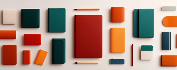 Wall Mural - A flat lay arrangement of colorful notebooks and stationery items featuring shades of green, red, orange, and cream against a neutral background.