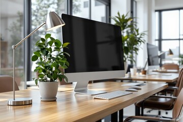 Fototapete - Modern workspace with computer, desk plant, and lamp in bright office.