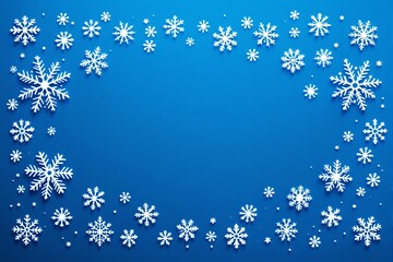Poster - White snowflakes border on blue background with central empty space for text or design layout.