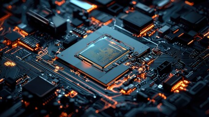 Poster - Futuristic Circuit Board with Orange Glow and High-Tech Components