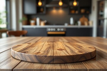 Aufkleber - Wooden round cutting board on table with blurred modern kitchen background.