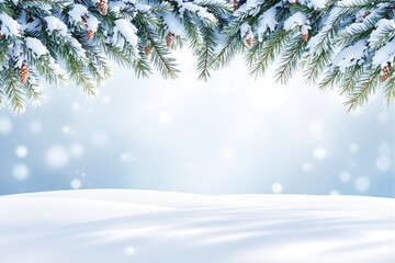Poster - Snowy landscape with fir branches and pinecones on light blue background.