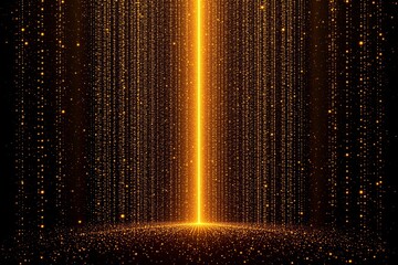 Aufkleber - Glowing vertical golden light beams with sparkling particles on black background.