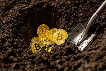 Poster - Bitcoin coins in soil with a shovel, symbolizing cryptocurrency mining.