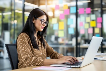 Poster - Woman working on a laptop in a modern office, surrounded by colorful sticky notes on glass walls.