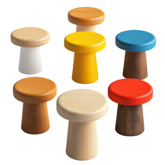 Poster - A collection of six mushroom-shaped stools in various colors and wood types are displayed together.