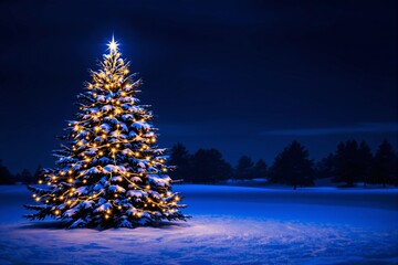 Poster - Brightly lit Christmas tree glowing with golden lights in a snowy night landscape under a starry sky.