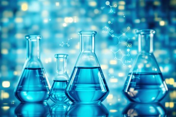 Poster - Laboratory glassware filled with blue liquid on a bright scientific background.