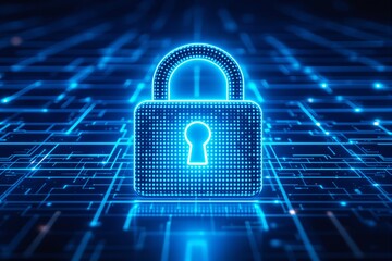 Aufkleber - Glowing blue padlock over a digital grid background symbolizing cybersecurity and data protection.