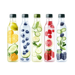 Aufkleber - Five clear glass bottles filled with various fruits and infused water, showcasing a variety of flavors.