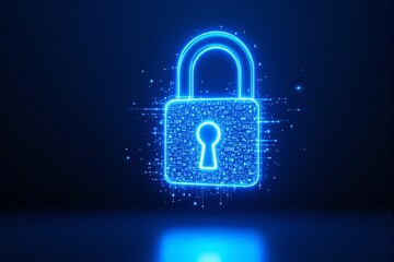 Poster - Glowing digital padlock with circuit patterns on a dark blue background.
