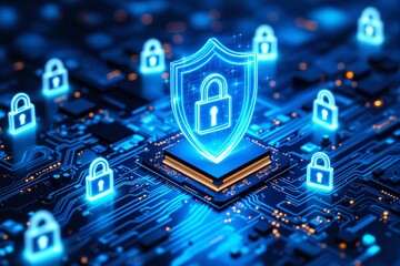 Poster - Glowing shield-shaped lock icons on a digital circuit background emphasizing cybersecurity concepts.