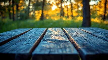 Wall Mural - Wood table in park, golden sunset.