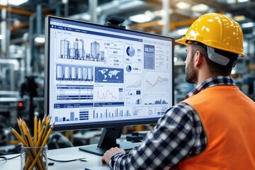 Aufkleber - Engineer analyzing industrial data charts on a computer in a factory background.