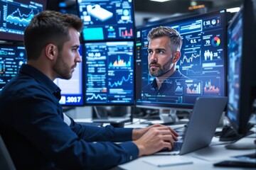Aufkleber - Business professional analyzing data on multiple monitors in a high-tech office environment.