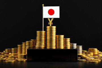 Poster - Gold coins stacked with Japanese flag and yen symbol on black background.