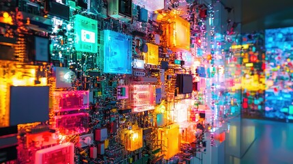 Poster - Vibrant Circuit Board Design with Colorful LED Lights and Technology