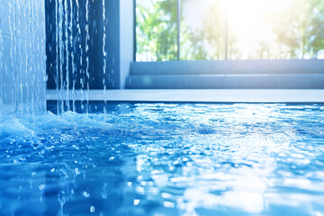 Poster - A serene pool scene with cascading water, sunlight filtering through, creating a tranquil atmosphere